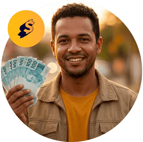 Homem sorrindo com notas de dinheiro na mão
